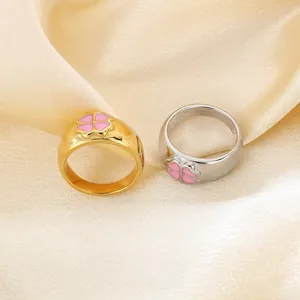 Stainless Steel Ring Pink Enamel Clover Heart Flower Wide Band Fashion Jewelry For Women