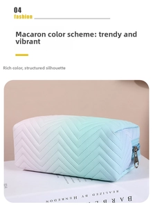 Detail of pink and green gradient PU leather makeup bag with V-shaped quilted stitching