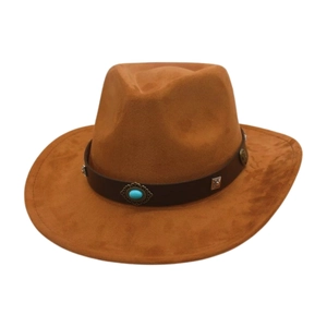 Classic tan suede cowboy hat featuring a leather band with turquoise stone and silver studs