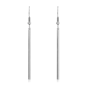 Macro detail of long silver vertical bar drop earrings with polished metallic finish