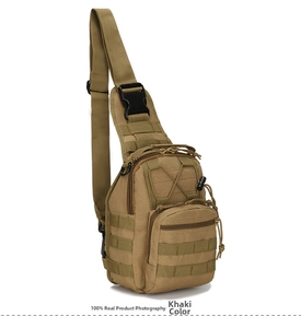 Side view of khaki tactical chest bag showing MOLLE system and nylon texture