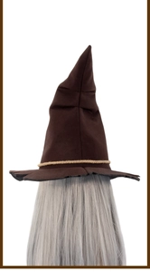 Brown scarecrow witch hat with rustic hemp rope and long grey synthetic hair detail