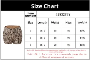 Detailed size chart for leopard print sequin booty shorts showing S to L measurements
