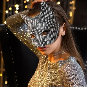 Close-up of luxury rhinestone cat ear mask for Halloween party and cosplay costume accessories