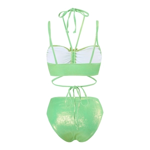 Detailed view of mint green glitter bikini with metallic sheen and wrap-around ties