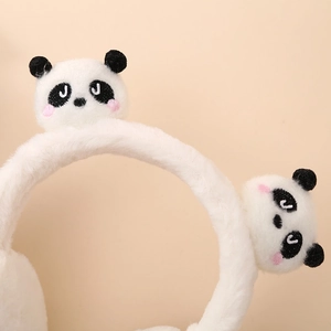 Cute white plush panda earmuffs with moving air sacs for kids winter warmth and comfort