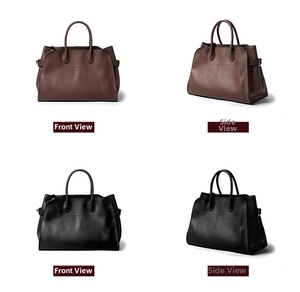 Front and side views of large vintage leather tote bags in classic brown and black