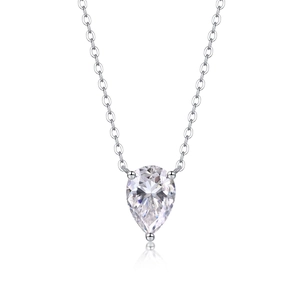 Elegant S925 silver necklace featuring a pear-cut moissanite pendant on a white background