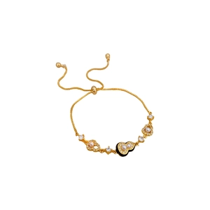 Gold-plated calabash pearl bracelet with black enamel charms and adjustable bead chain link
