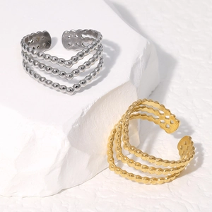 Three-layer wave textured stainless steel open rings in gold and silver finish