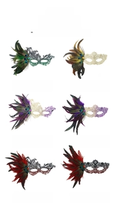 Detailed view of Halloween lace masks with peacock feathers and faux gem embellishments