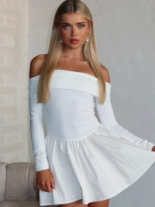 Robe Courte À Épaules Dénudées Manches Longues Plissée Coupe Ajustée Polyester Élasthanne Sexy Fête Pour Femmes
