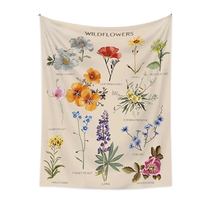 Bohemian wildflower tapestry wall hanging with botanical illustrations and plant names