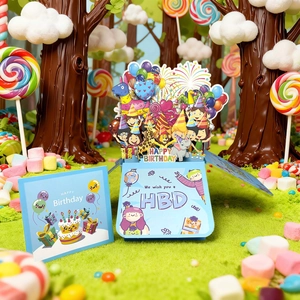 3D pop-up birthday card with colorful balloons and cake in a blue gift box design