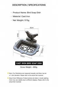 Détail du porte-savon oiseau vintage en fonte, dimensions 15x9,5x6 cm et poids de 515 g