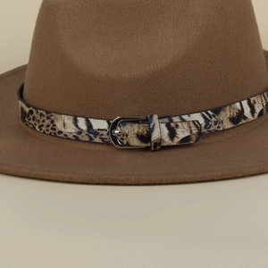 Detailed view of the leopard print band and metal buckle on this brown wool fedora hat
