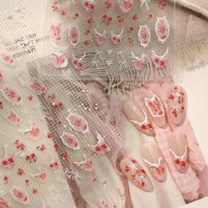 French style floral and bow nail stickers with realistic dry flower designs for manicure