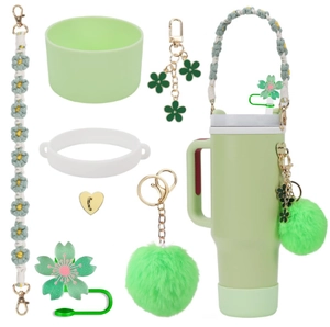 7-piece green accessory set featuring daisy lanyard and straw cover for Stanley cups