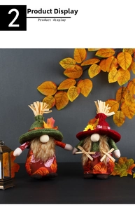 Close-up of autumn gnomes featuring maple leaf patterns and festive sunflower decorations