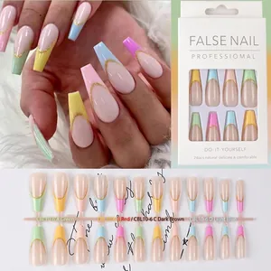 French long coffin nails with macaron gradients and glittery gold border outlines