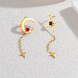 Vintage gold stainless steel earrings featuring sun moon pendants with tassels