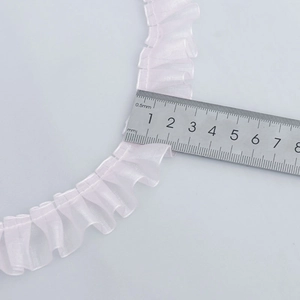 2.5cm pink pleated organza lace ribbon with ruler measurement for DIY sewing projects