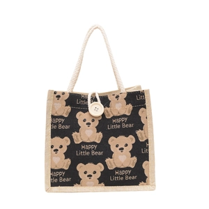 Japanese cartoon bear jute tote bag for students lunch box storage in black and brown