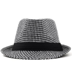 Classic black and white houndstooth wool fedora hat with a black canvas decorative band