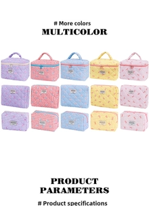 Detailed grid layout showing multicolor checkered cosmetic bags with bow designs