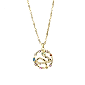 Golden snake pendant necklace featuring colorful cubic zirconia stones and pave diamonds