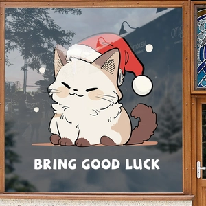 Christmas window sticker featuring a cute cat with Santa hat and Bring Good Luck text