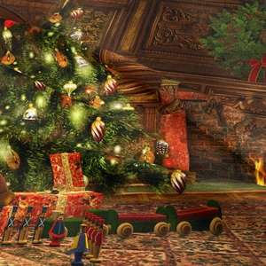 Detail view of polyester Christmas tapestry featuring walnut soldiers and a festive fireplace