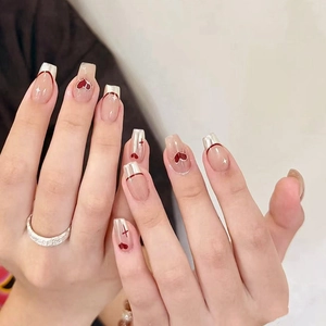 Press On Nails Long Coffin Fake Nails French Red Heart Minimalist Art Nude Pink Manicure Tips For Women