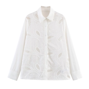 Women Blouse Polyester Embroidery Hollow Out Long Sleeve Lapel Button Down French Romantic Style Elegant Solid Top