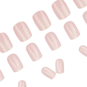 Short square light pink pearl nail set with chrome mirror finish and gradient aurora glow