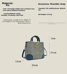 Detailed dimensions of blue PU bucket bag with gold ring handles and logo print