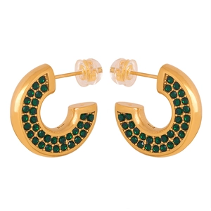 Chic 18k gold plated C-shaped earrings with inlaid green stones for women fashion
