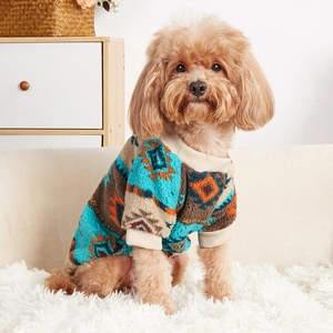 Ethnic geometric pattern fleece dog hoodie for small pets in blue, brown and orange colors