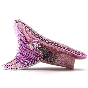 Pink sequin captain hat featuring punk metal studs and rhinestone floral details