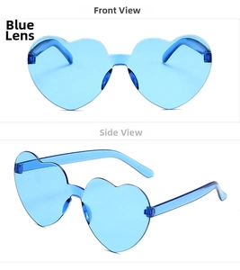 Vues de face et de profil de lunettes de soleil sans monture bleues transparentes en cœur