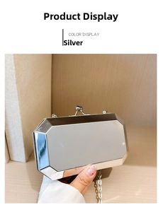 Silver octagonal hard shell evening clutch bag with metal chain and spherical clasp