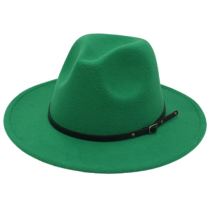 Detail of green wool fedora hat featuring a black faux leather belt and gold metal buckle