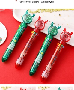 Detailed view of Christmas 10-color pens with glittery reindeer antlers and festive prints