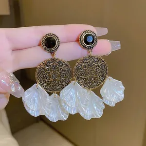 Boucles D'oreilles Pendantes Alliage Disque Mandala Creux Pétales Texture Coquille Tige Argent Sterling 925 Style Ethnique