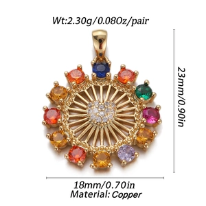 Detail view of a 18k gold plated round necklace pendant with dimensions and weight data