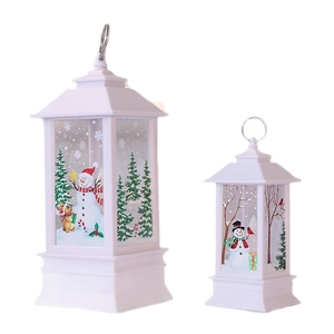 White Christmas flame lanterns with festive snowman and tree graphics in two sizes