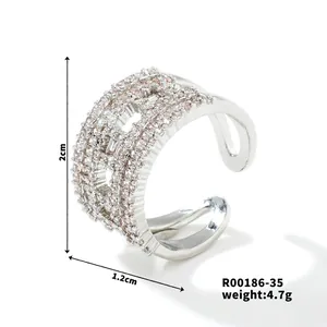 Detail view of silver copper ring with multi-row zircon pave setting and size specs