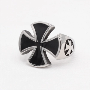 Retro stainless steel iron cross ring for men with black enamel inlay and vintage finish