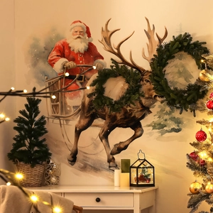 Festive Santa and reindeer Christmas wall sticker for home holiday room decoration