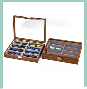 Detail of 8-slot wooden eyewear display box with transparent lid and soft velvet lining